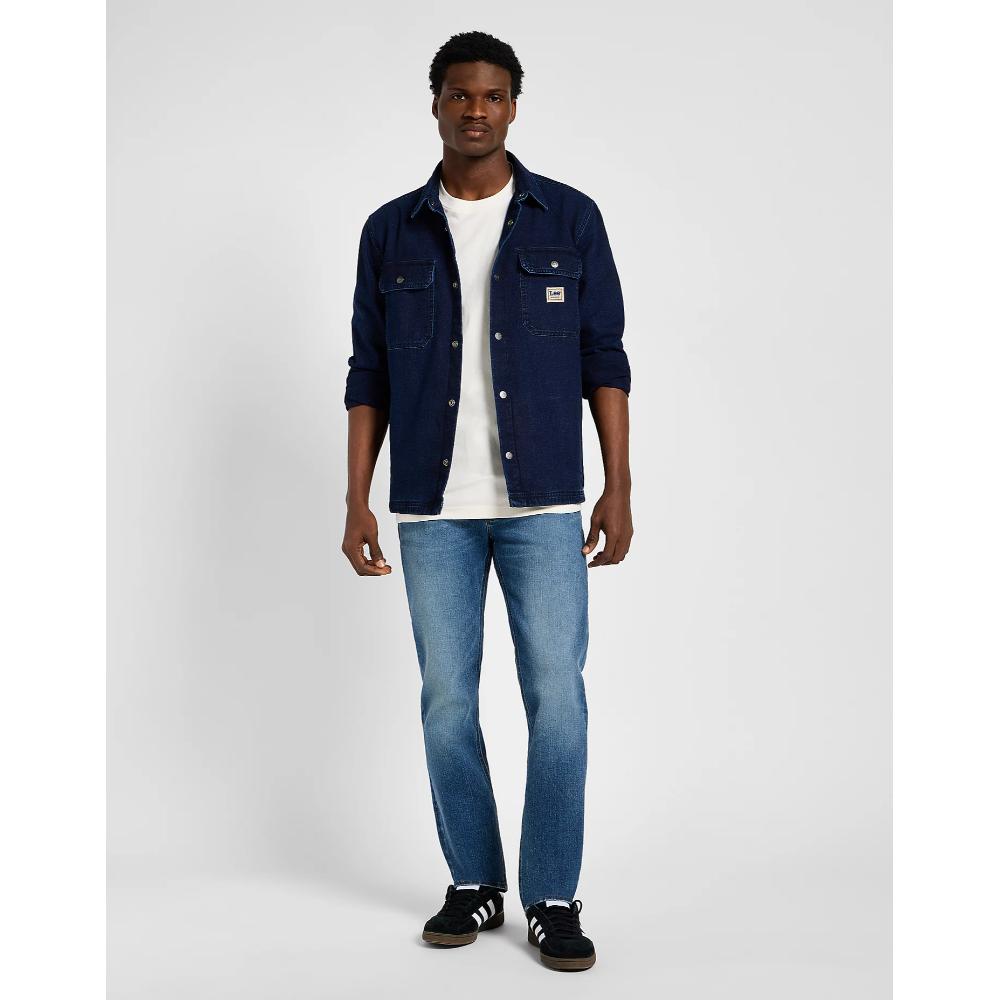 Lee Workwear Overshirt in Medium Worn Wash jeans