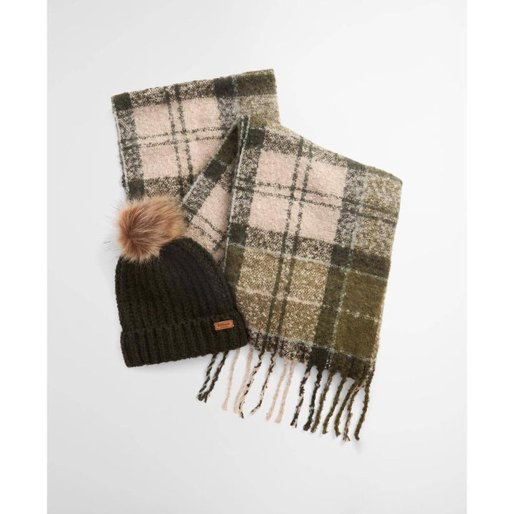 Barbour Set Regalo Berretto e Sciarpa Tartan Saltburn Ancient Loden/Dk Green Donna