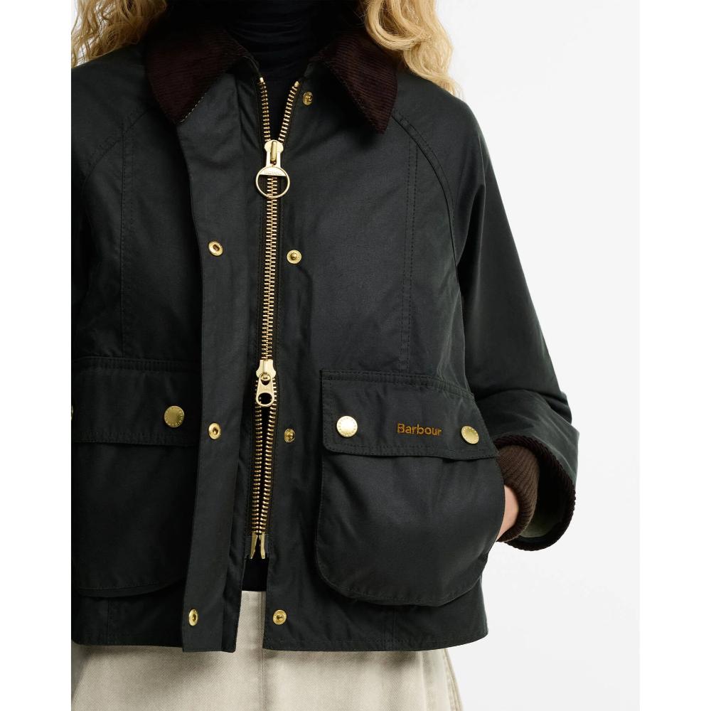 Barbour Giacca Cerata Beadnell dal Taglio Crop Sage Ancient Donna