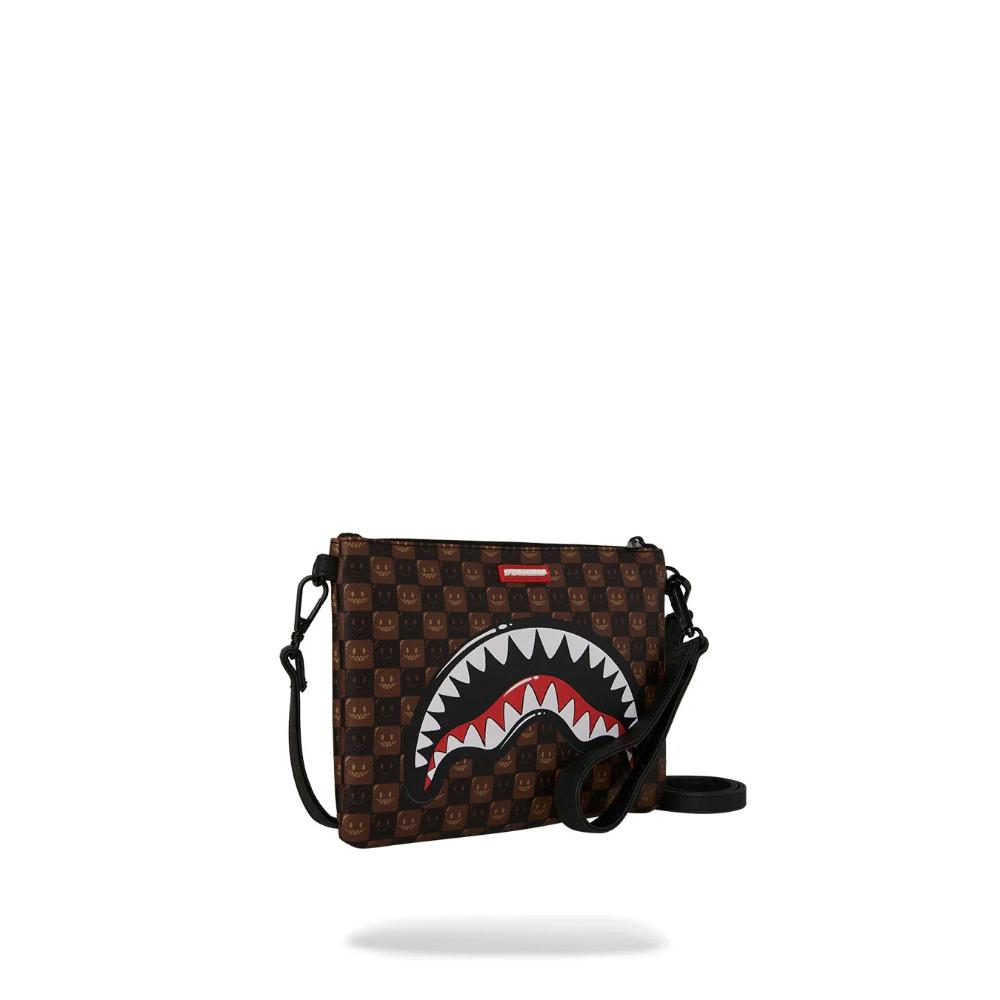 Sprayground Pouchette Sharks In Paris WTF Bubble Brown Check Crossover Clutch