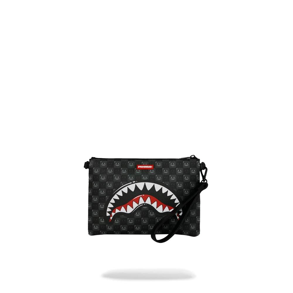 Sprayground Pouchette Shaeks In Paris WTF Bubbly Black Check Crossover Clutch