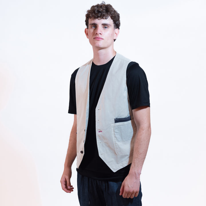Berna Gilet Inserti Denim Uomo Panna
